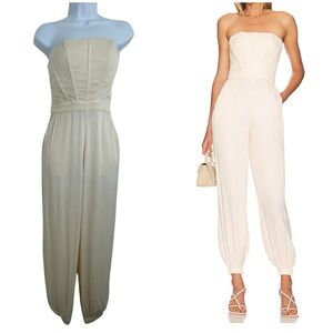 NBD Jumpsuit Viscose S Ivory Strapless Pleated Bust Boned Bodice Elastic Cuffs